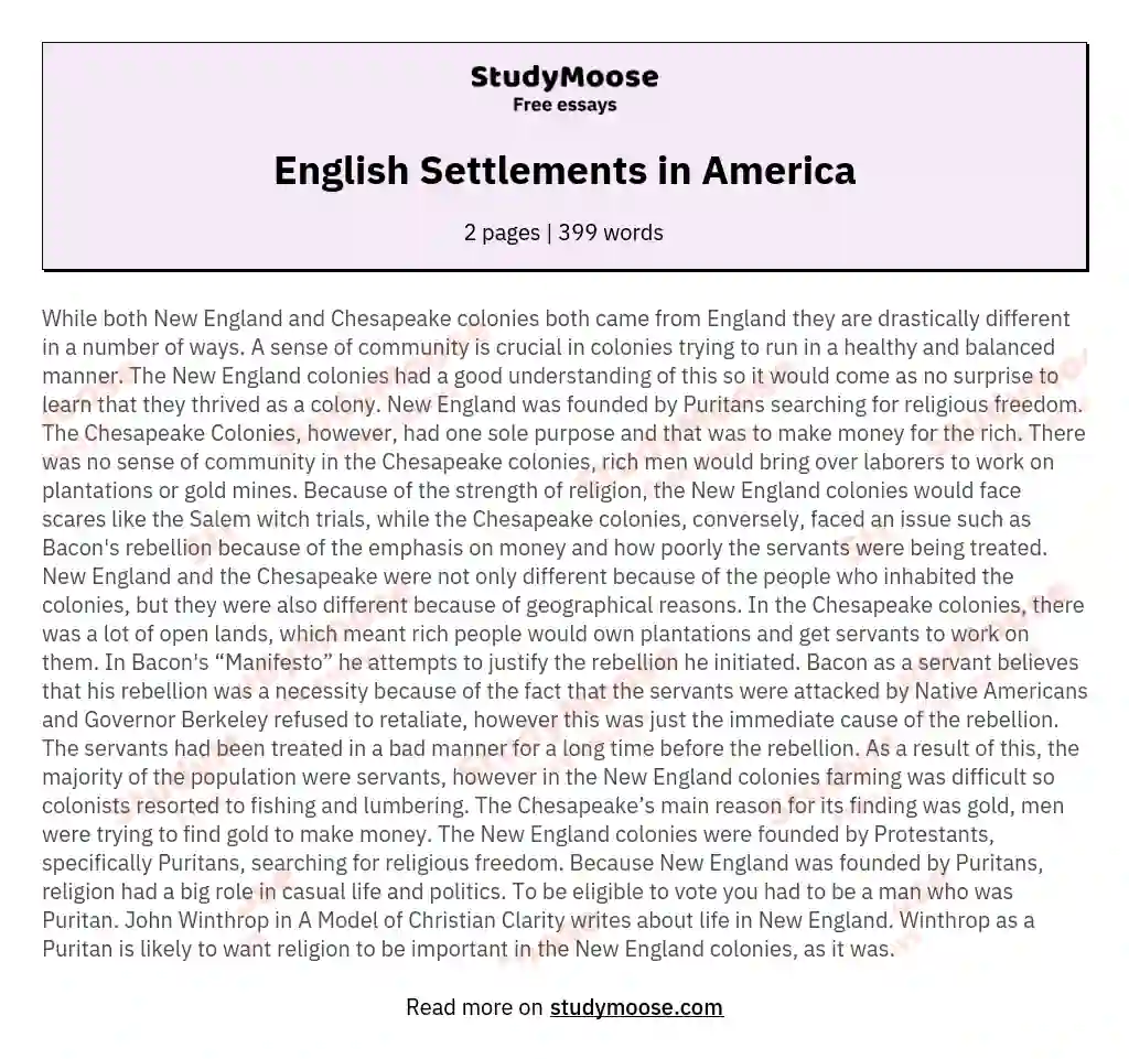 English Settlements in America essay