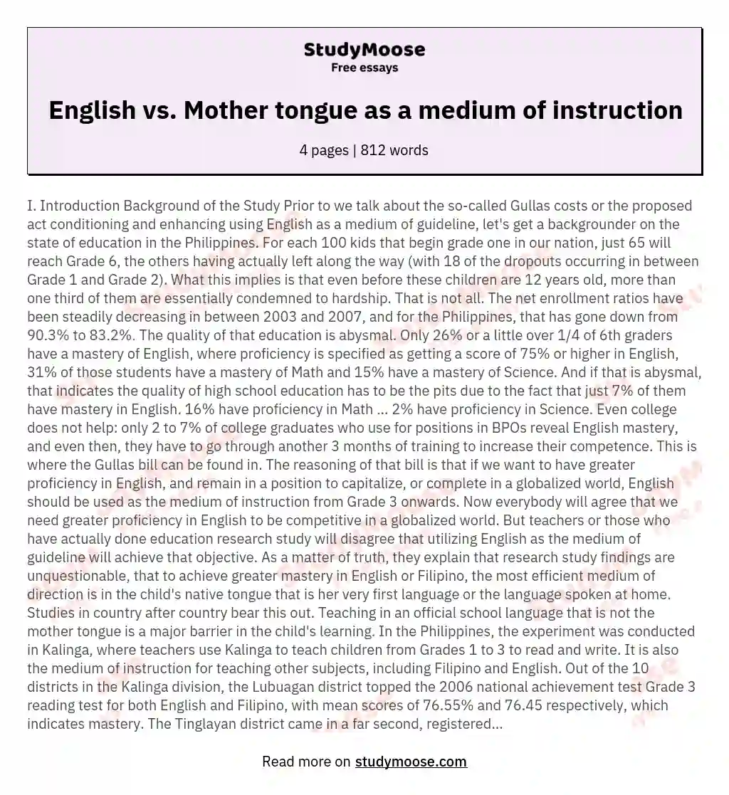 English vs. Mother tongue as a medium of instruction essay