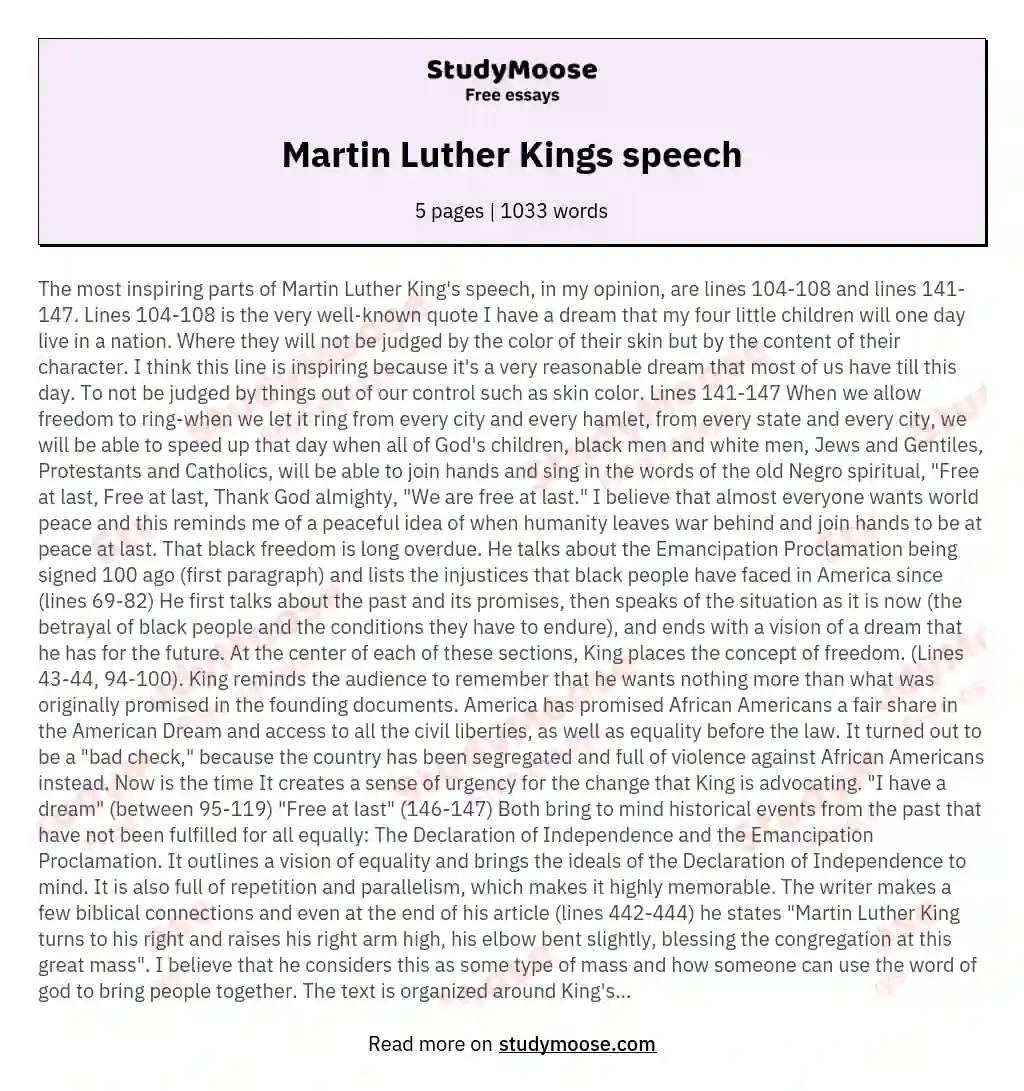 Martin Luther Kings speech essay