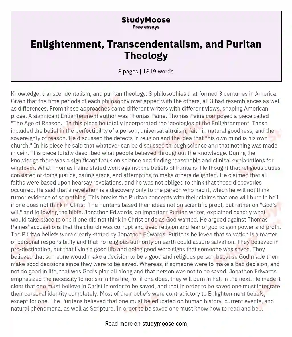 Enlightenment, Transcendentalism, and Puritan Theology