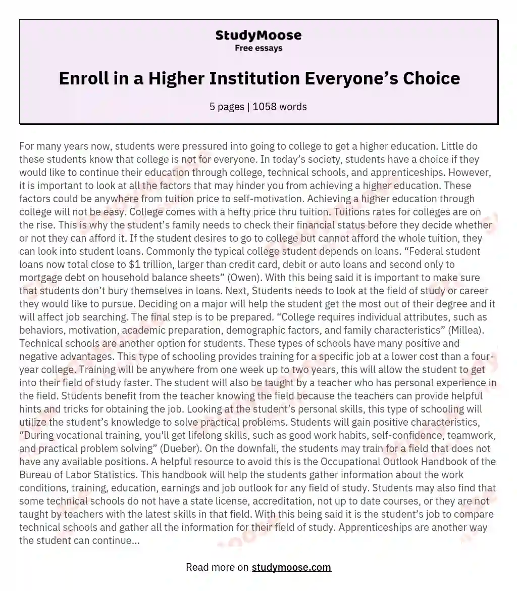 Enroll in a Higher Institution Everyone’s Choice essay