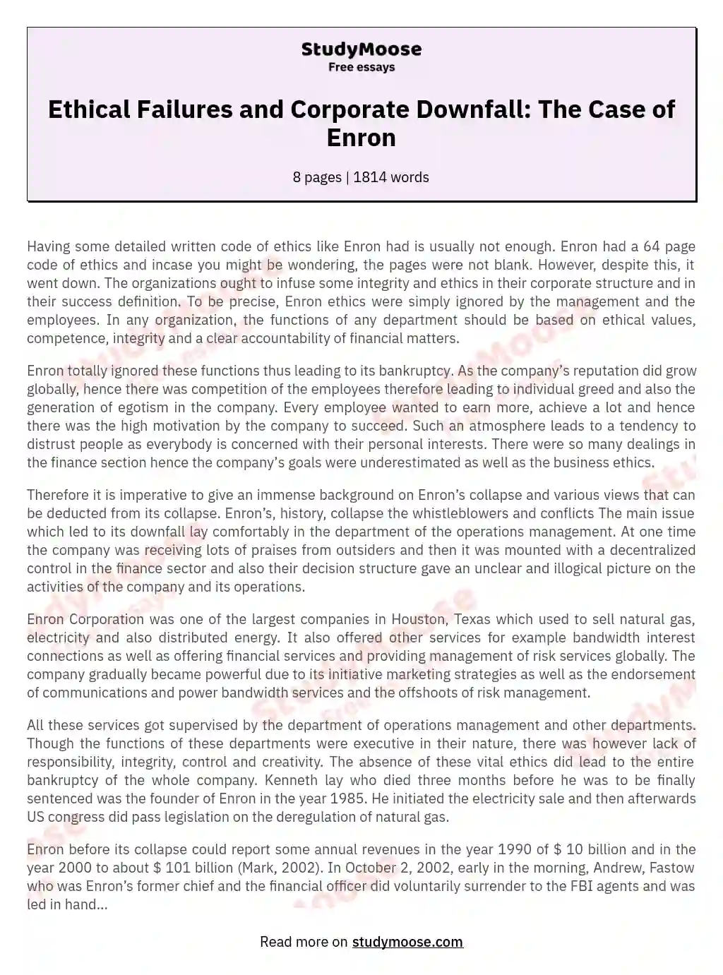 Ethical Failures and Corporate Downfall: The Case of Enron essay