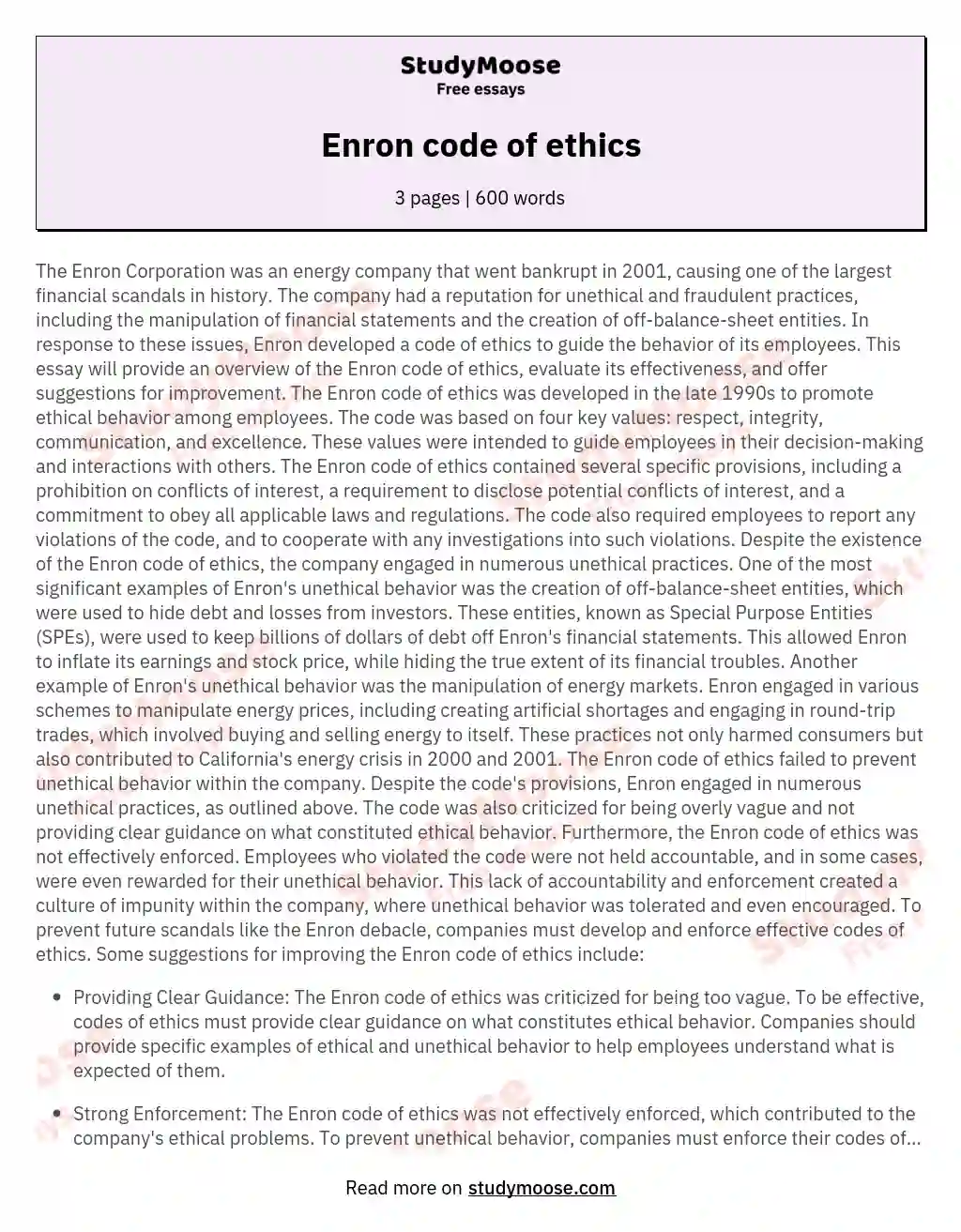 Enron code of ethics essay