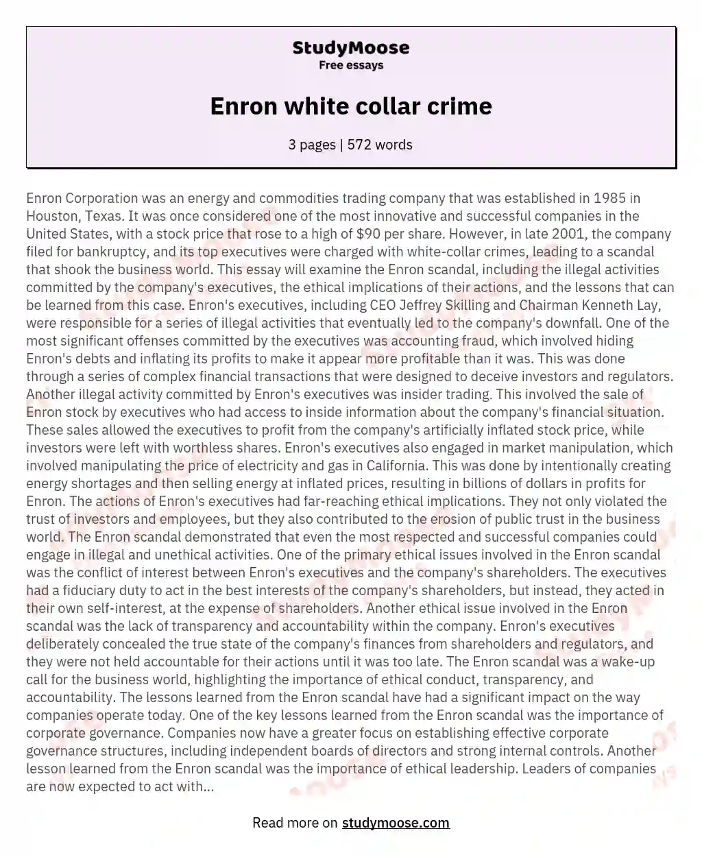 Enron white collar crime essay