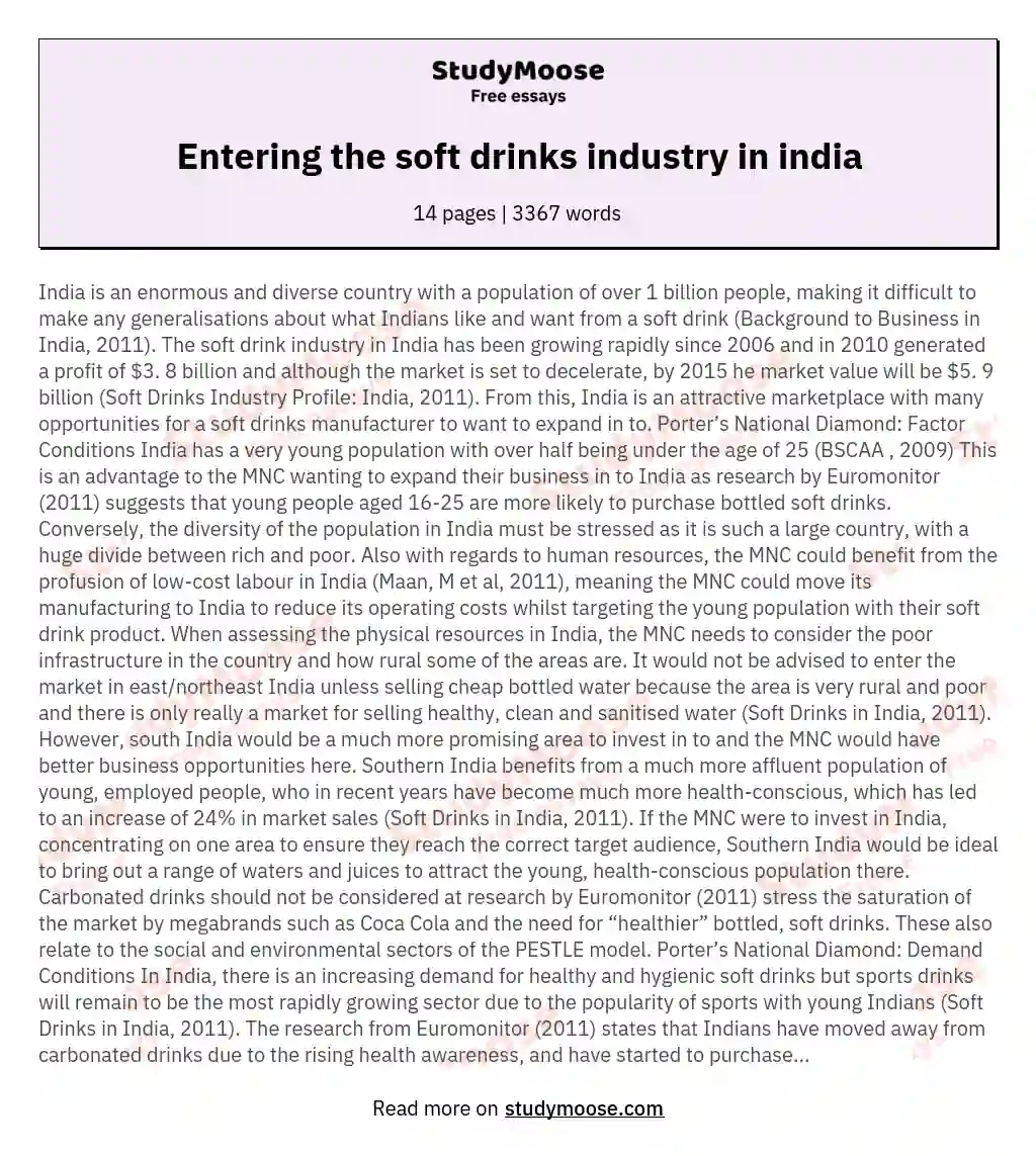 Entering the soft drinks industry in india essay