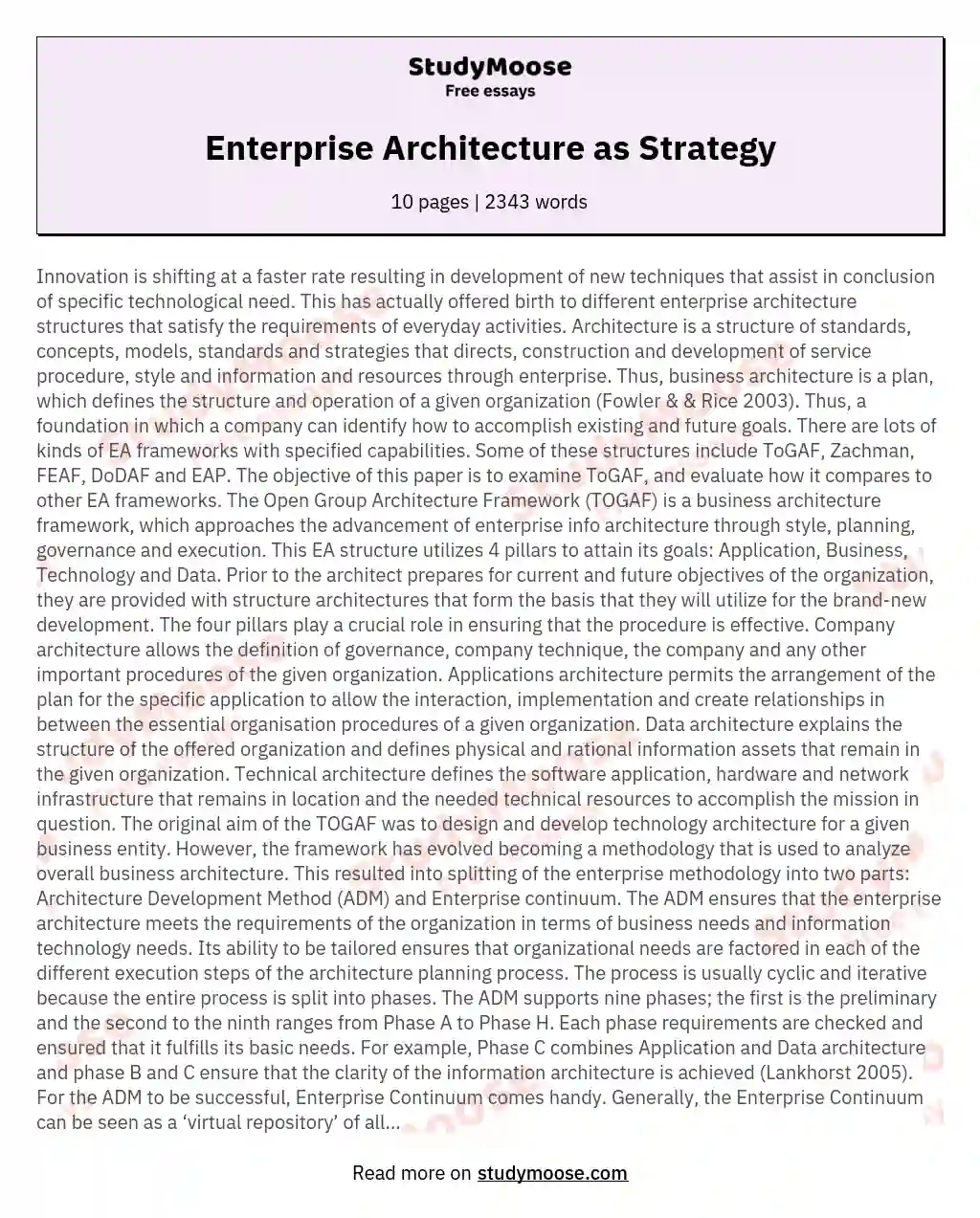 Enterprise Architecture as Strategy essay