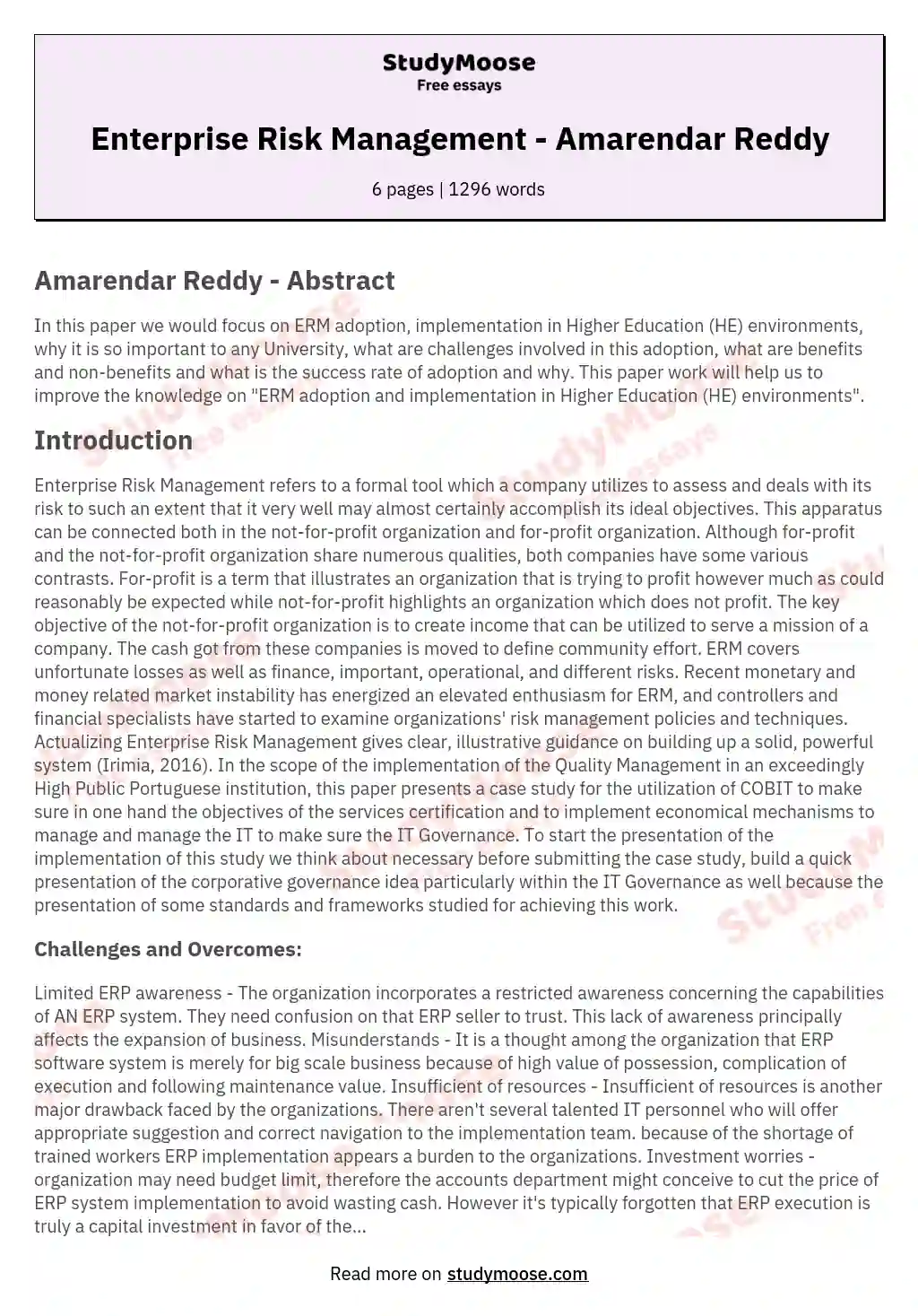 Enterprise Risk Management - Amarendar Reddy
