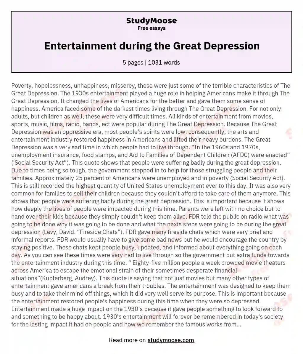 Entertainment during the Great Depression essay