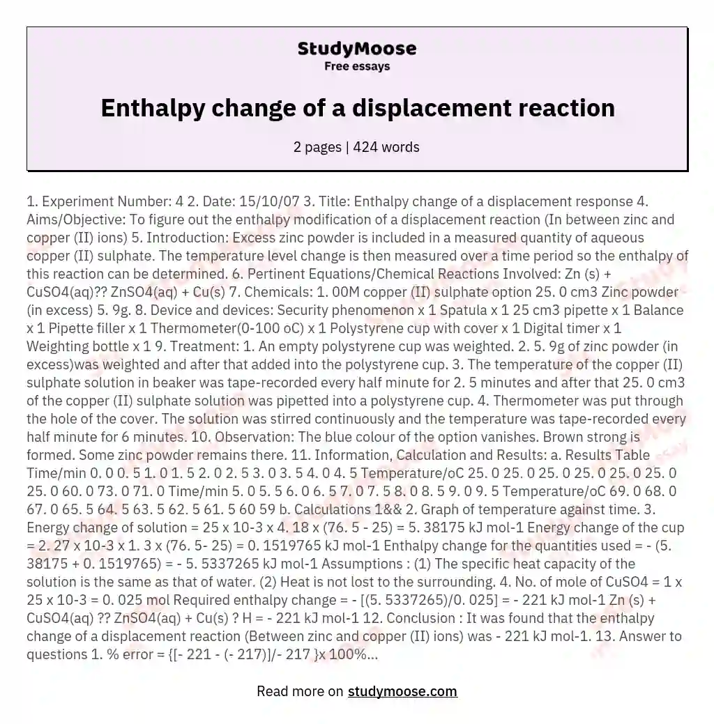 Enthalpy change of a displacement reaction