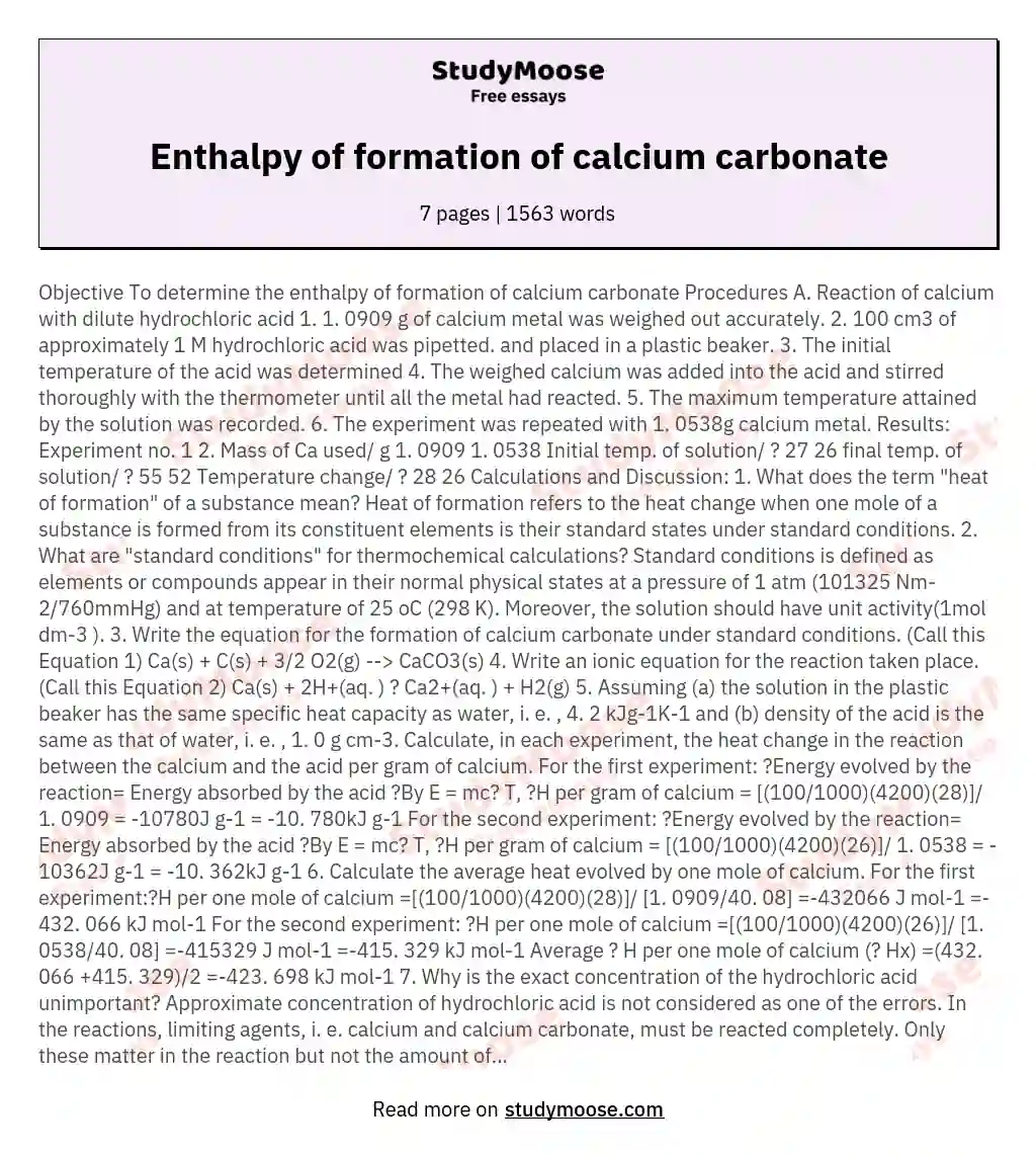 Enthalpy of formation of calcium carbonate essay