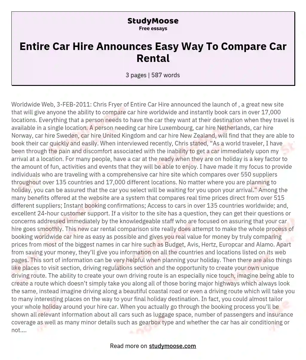 Entire Car Hire Announces Easy Way To Compare Car Rental