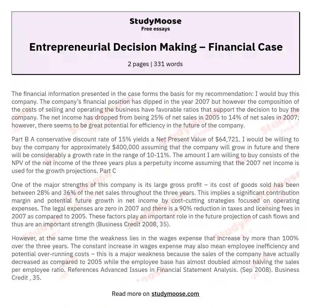 Entrepreneurial Decision Making – Financial Case essay