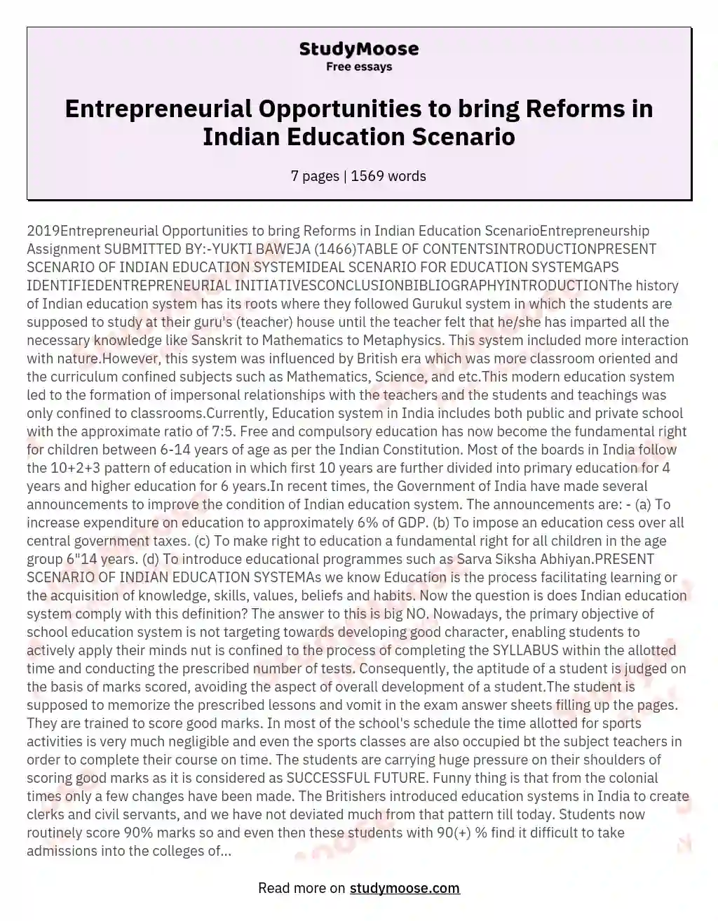 Entrepreneurial Opportunities to bring Reforms in Indian Education Scenario essay