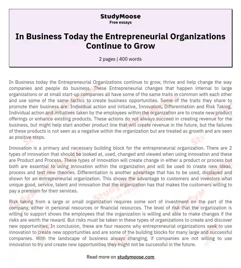 In Business Today the Entrepreneurial Organizations Continue to Grow