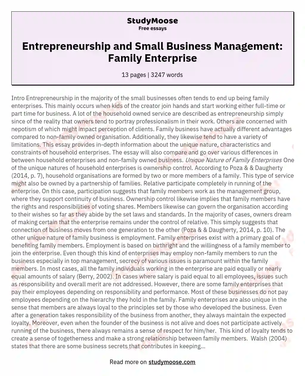 Entrepreneurship and Small Business Management: Family Enterprise