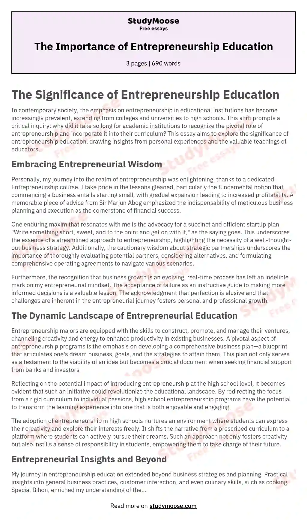 The Importance of Entrepreneurship Education essay
