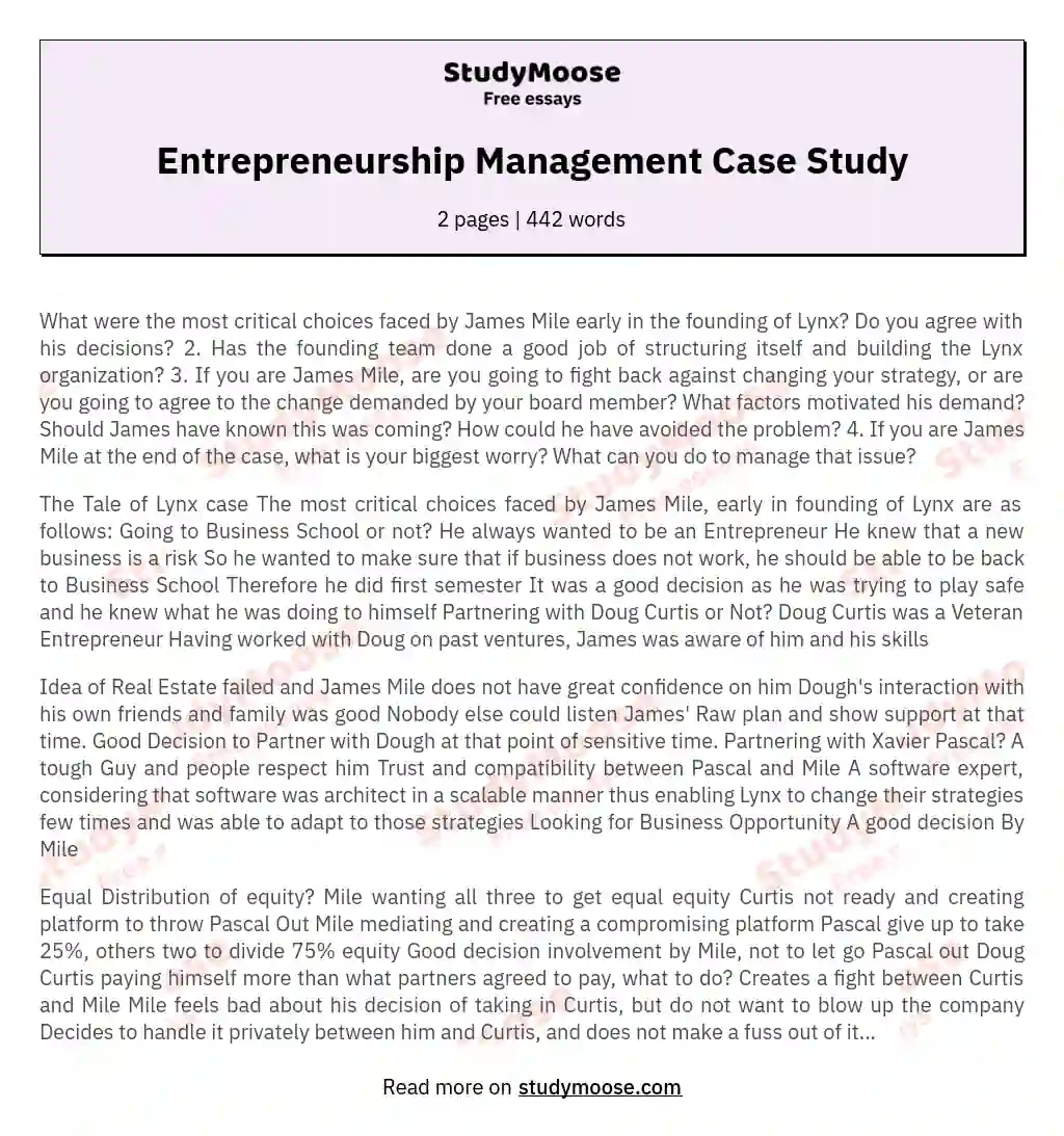 small case study on entrepreneurship with questions and answers
