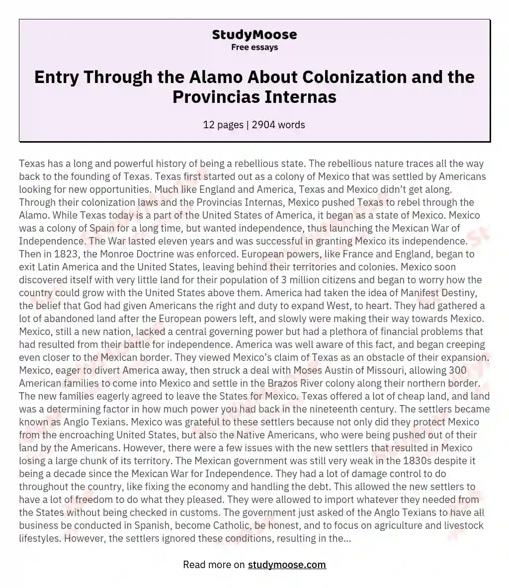Entry Through the Alamo About Colonization and the Provincias Internas essay