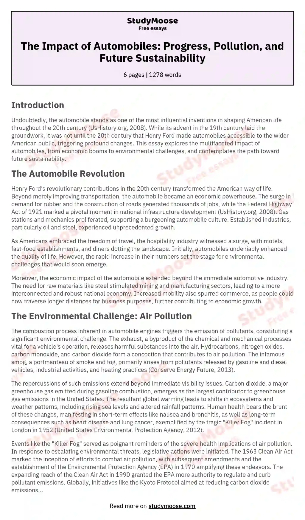 The Impact of Automobiles: Progress, Pollution, and Future Sustainability essay