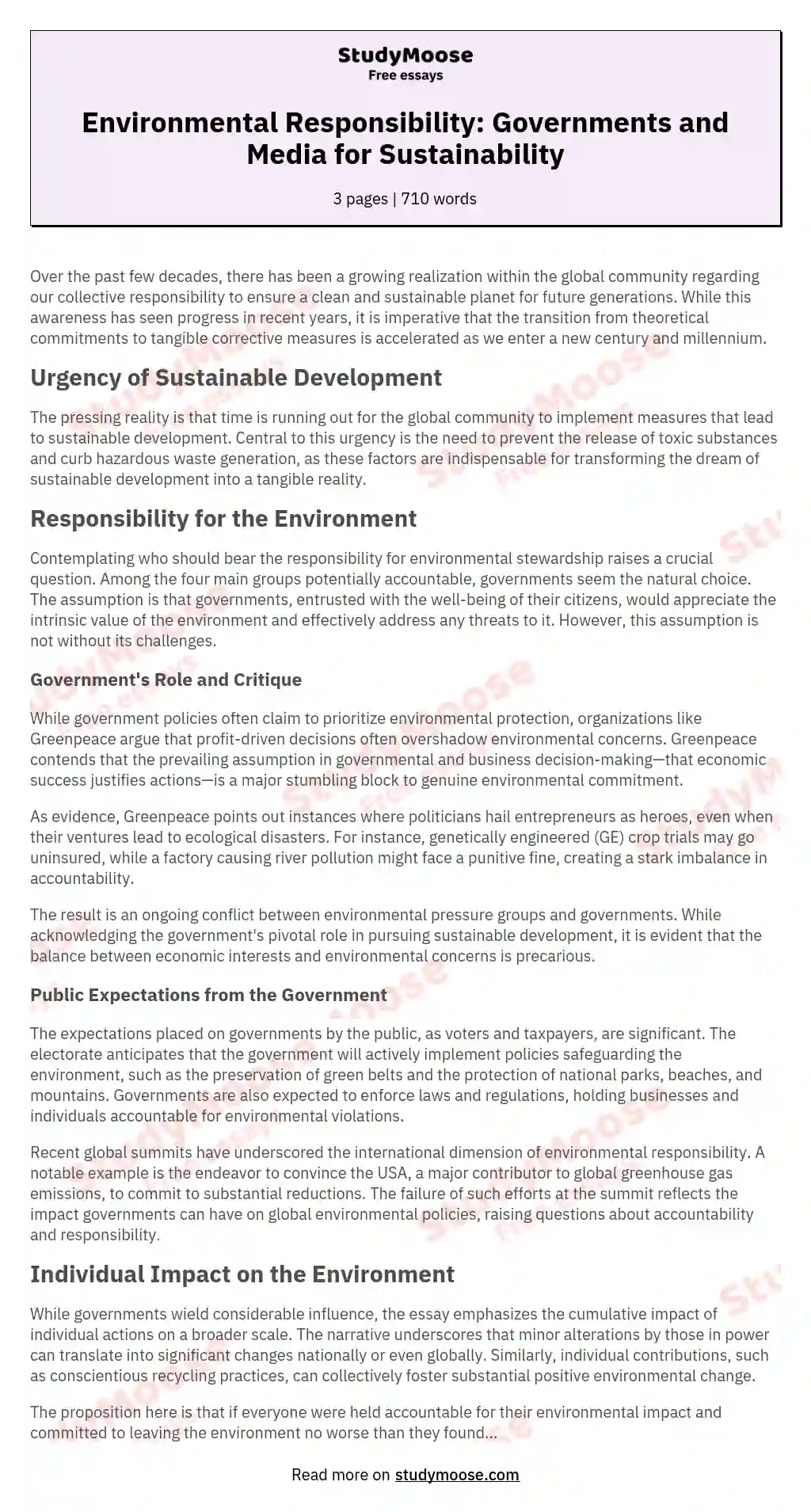 Environmental Responsibility: Governments and Media for Sustainability essay