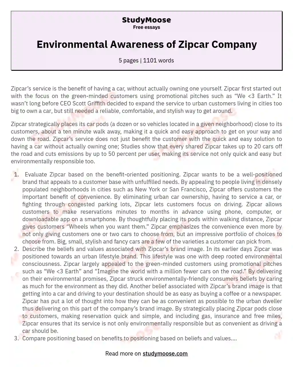Environmental Awareness of Zipcar Company essay
