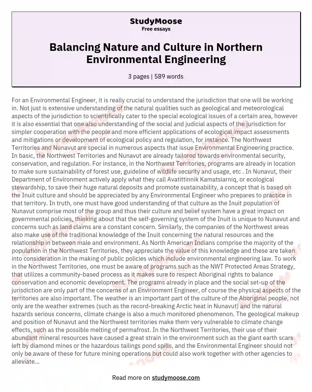 Balancing Nature and Culture in Northern Environmental Engineering essay
