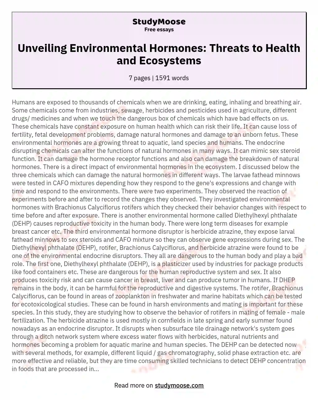 Unveiling Environmental Hormones: Threats to Health and Ecosystems essay