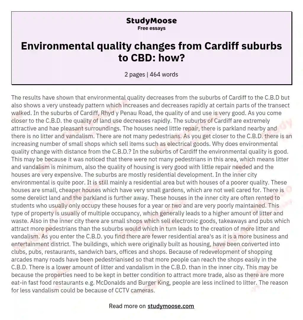 Environmental quality changes from Cardiff suburbs to CBD: how? essay