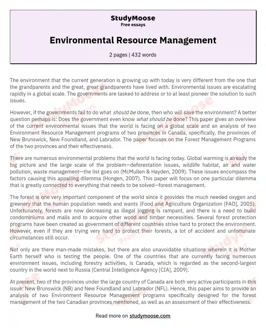 Environmental Resource Management essay