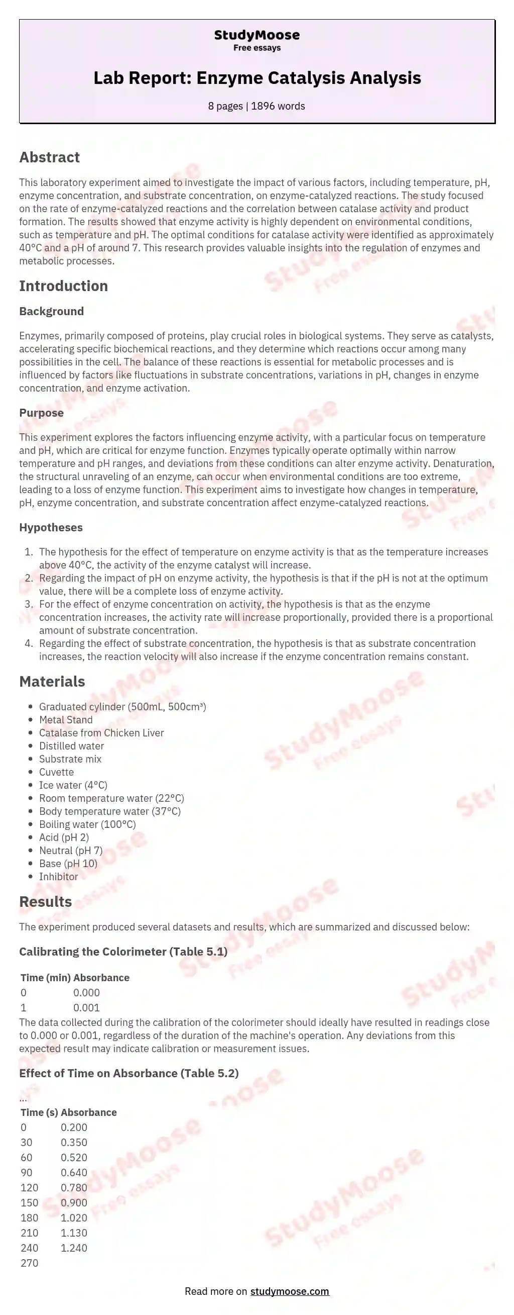 Lab Report: Enzyme Catalysis Analysis essay