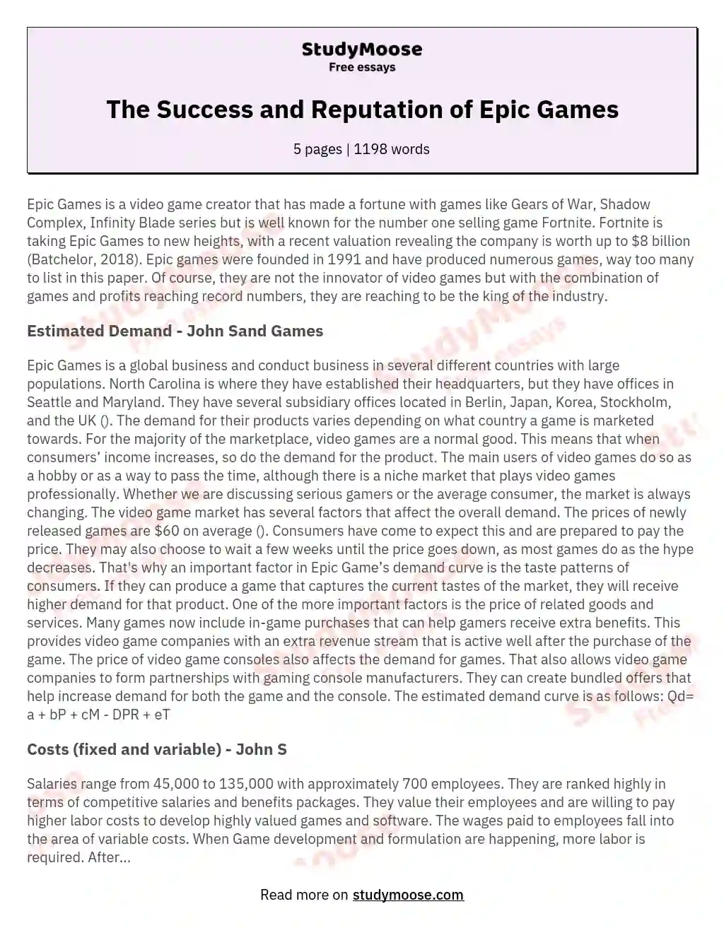 The Success and Reputation of Epic Games essay