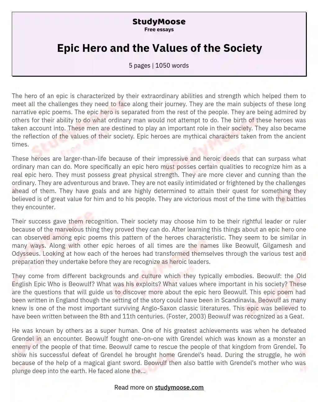 Epic Hero and the Values of the Society essay