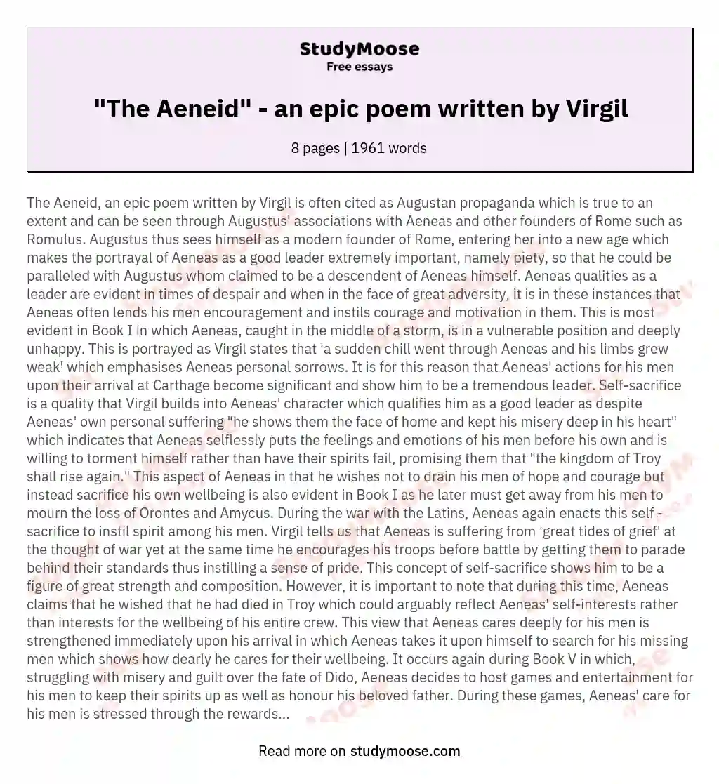 "The Aeneid" - an epic poem written by Virgil essay