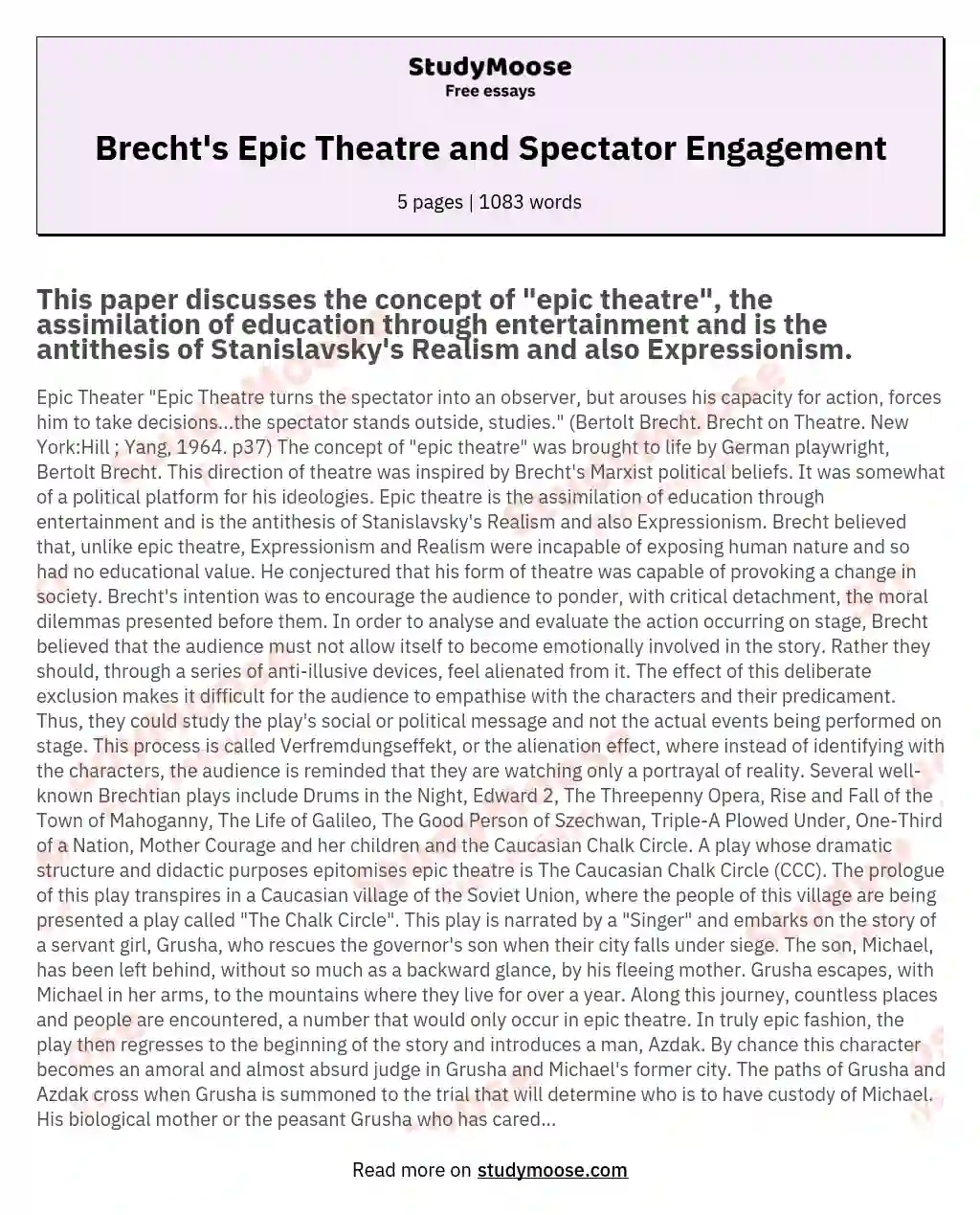 Brecht's Epic Theatre and Spectator Engagement essay