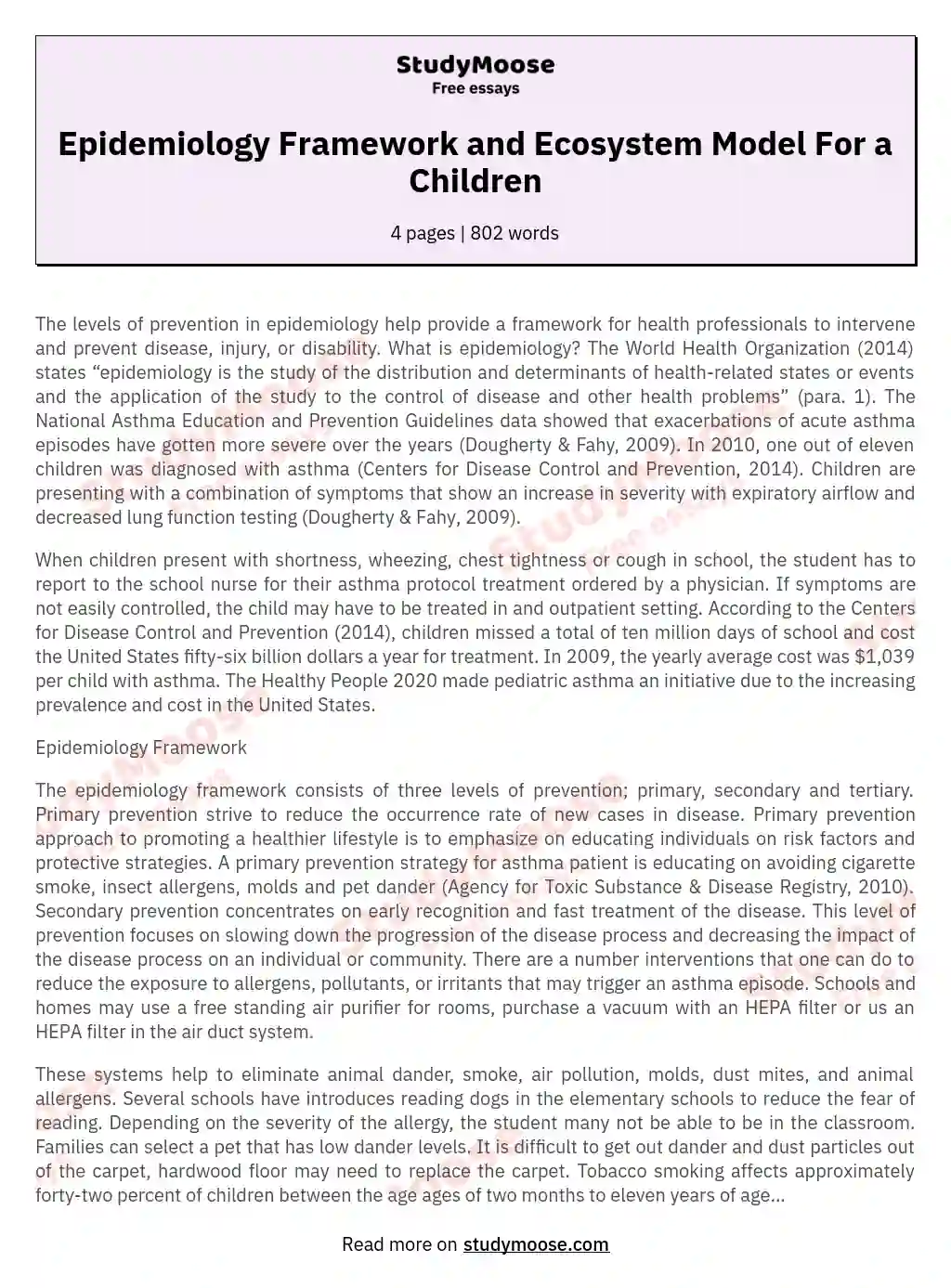Epidemiology Framework and Ecosystem Model For a Children essay