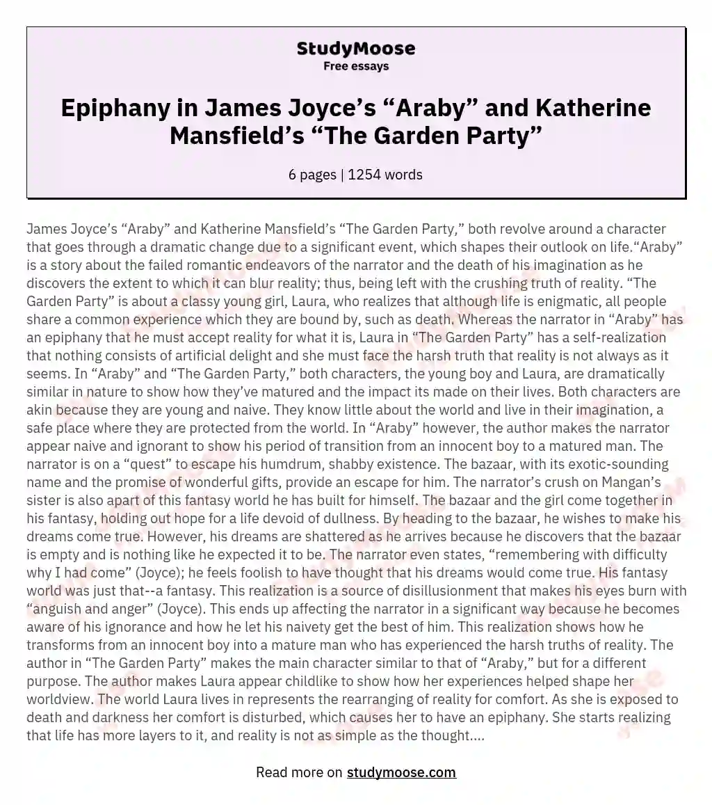 Epiphany in James Joyce’s “Araby” and Katherine Mansfield’s “The Garden Party”
