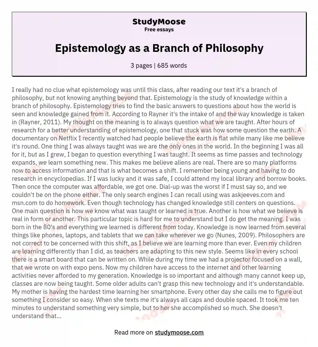 Epistemology as a Branch of Philosophy essay