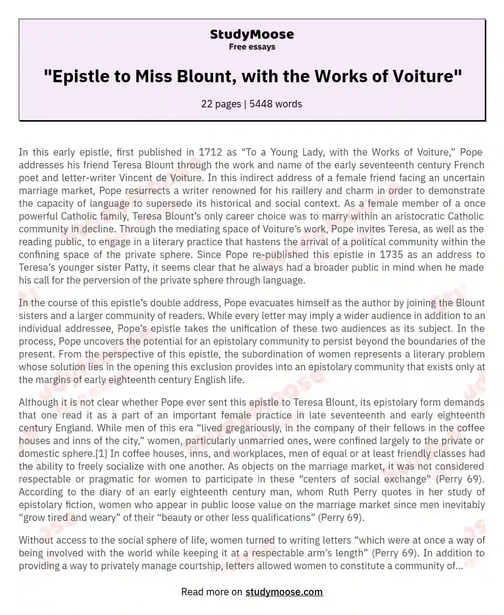 "Epistle to Miss Blount, with the Works of Voiture" essay