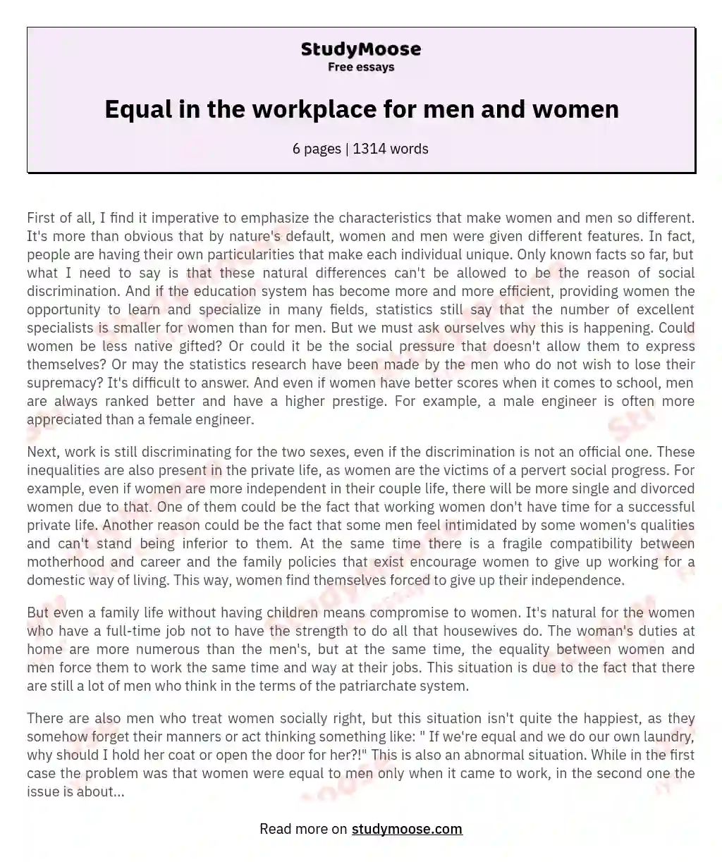 Equal in the workplace for men and women essay