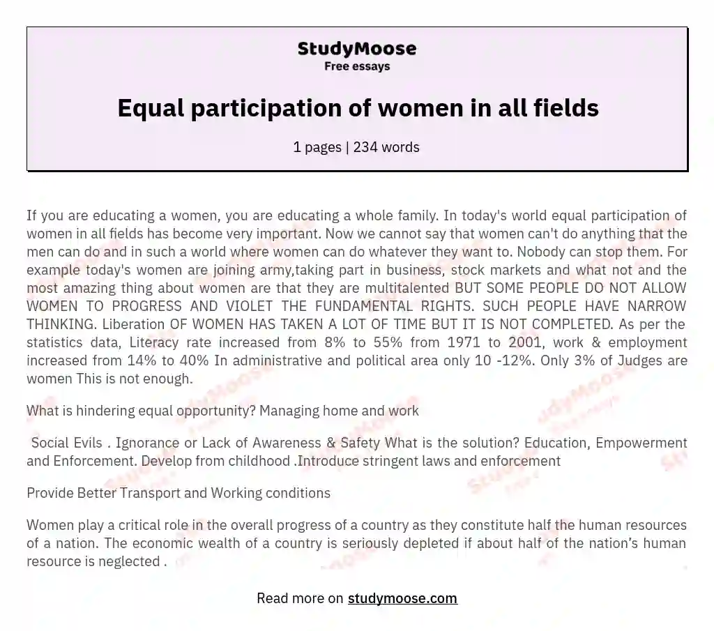 Equal participation of women in all fields essay