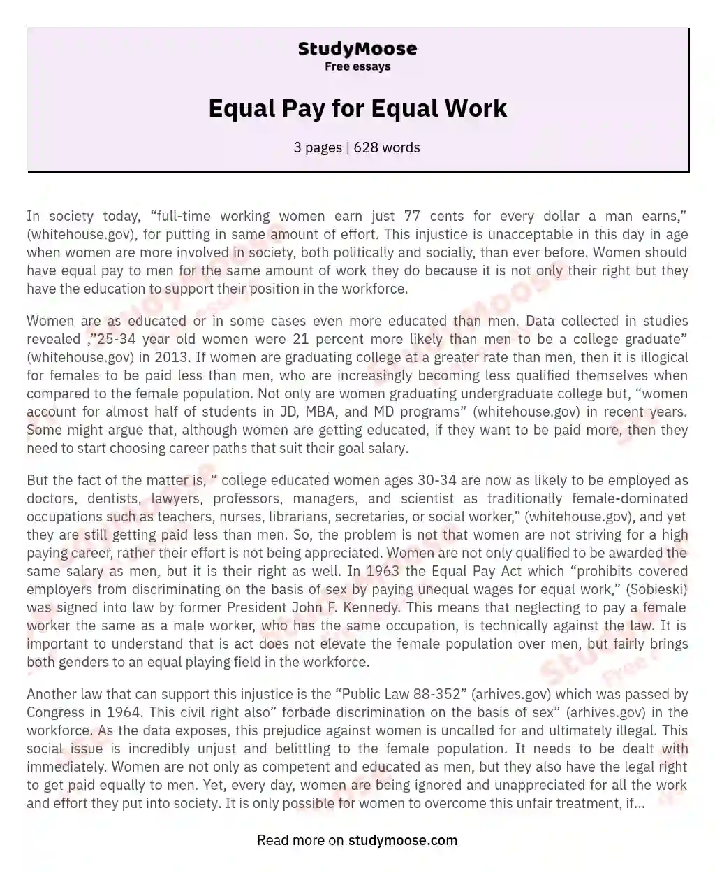 Equal Pay for Equal Work essay