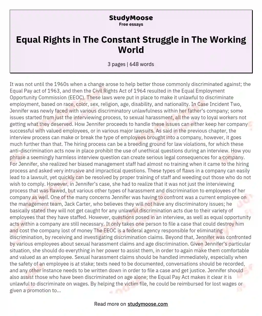 Equal Rights in The Constant Struggle in The Working World essay