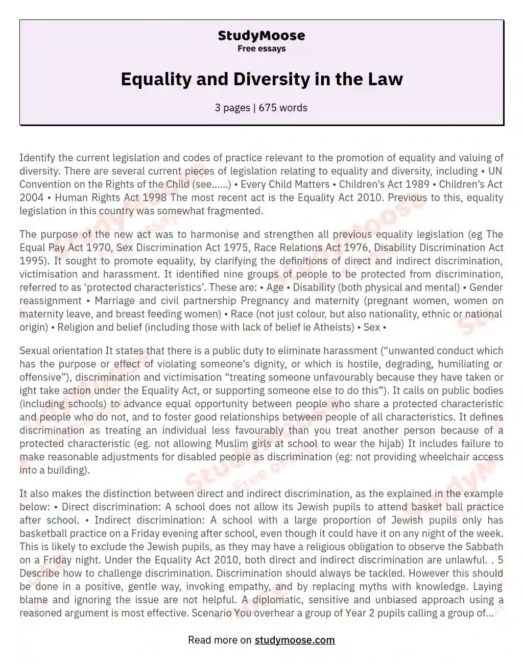 Equality and Diversity in the Law essay