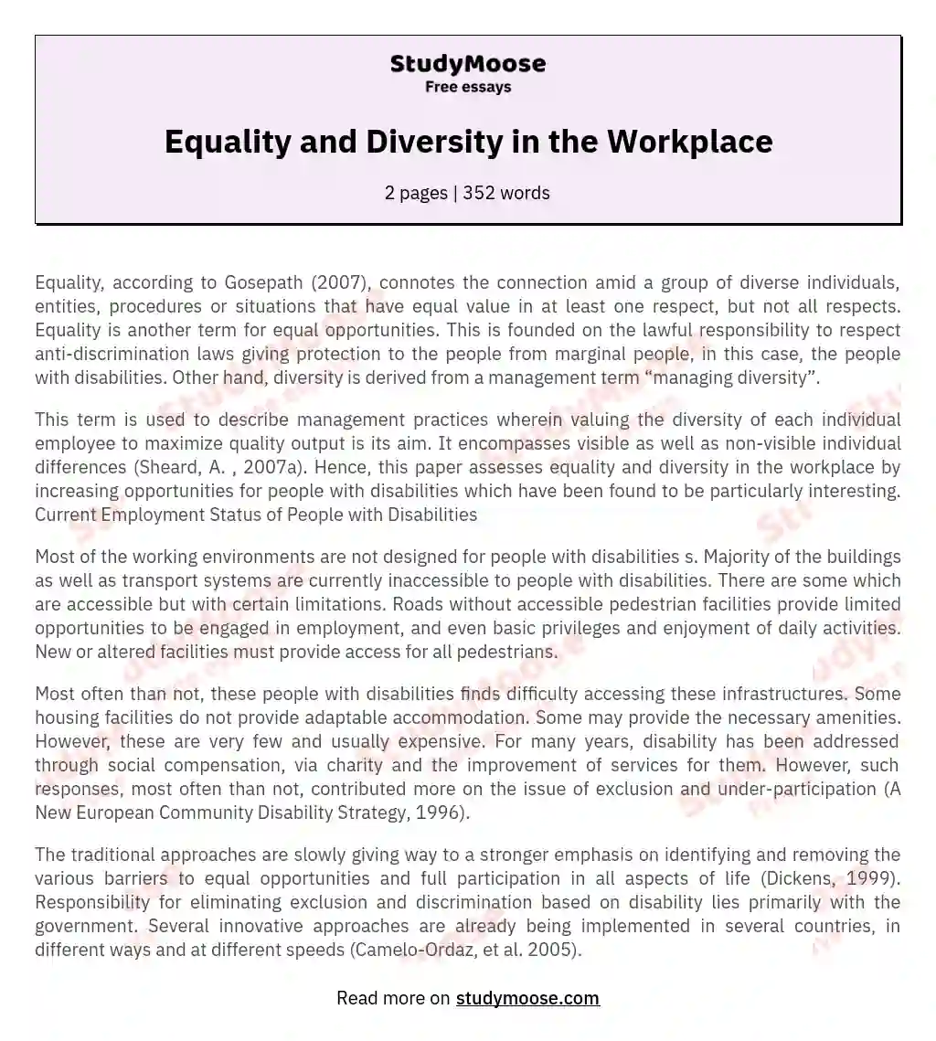 Equality and Diversity in the Workplace essay