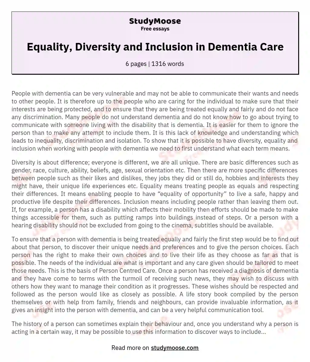 Equality, Diversity and Inclusion in Dementia Care