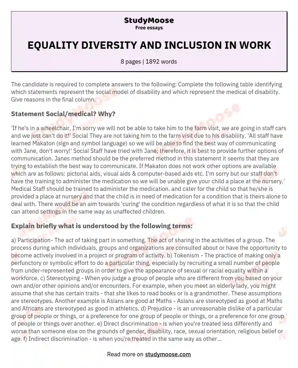 EQUALITY DIVERSITY AND INCLUSION IN WORK essay