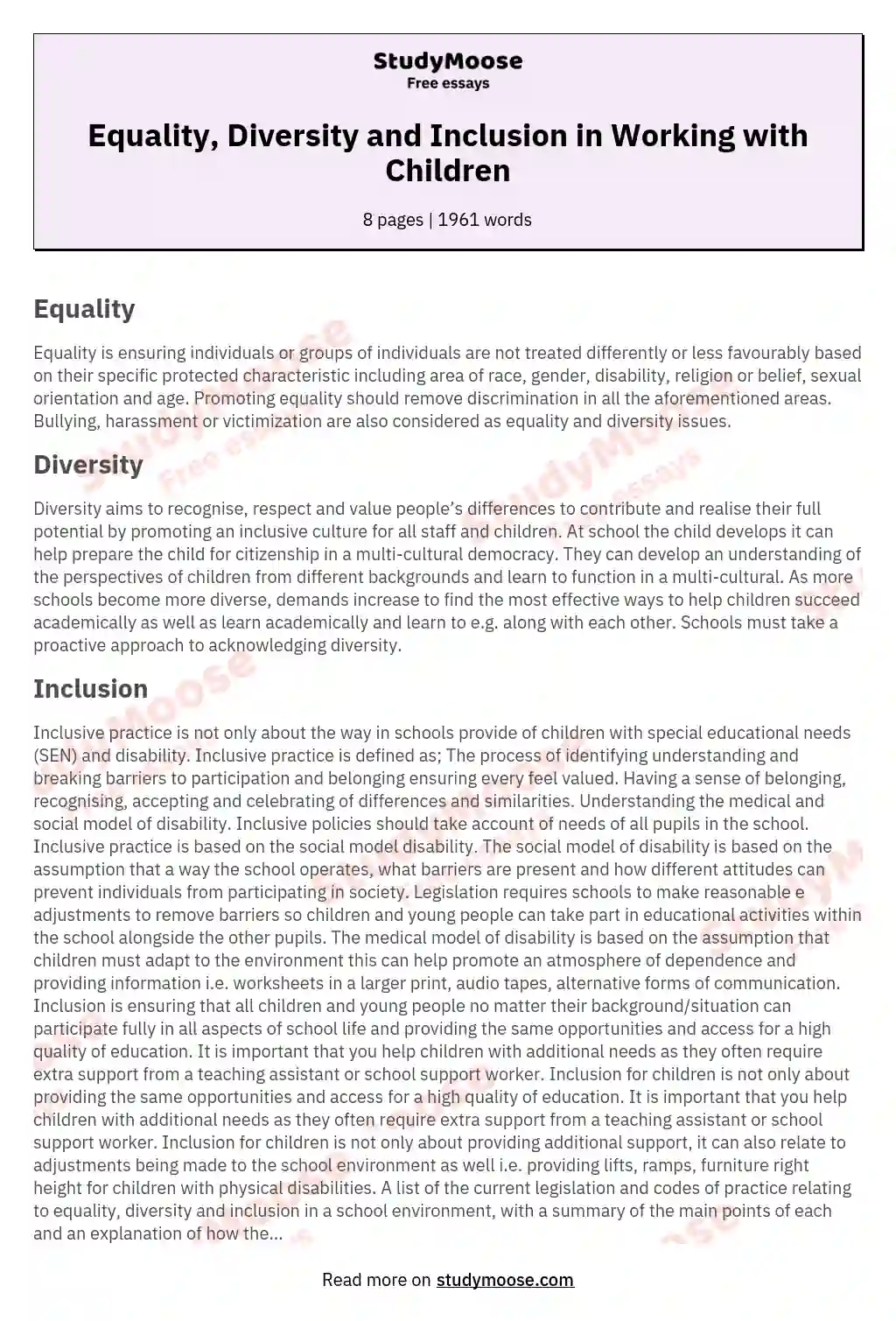 Equality, Diversity and Inclusion in Working with Children essay