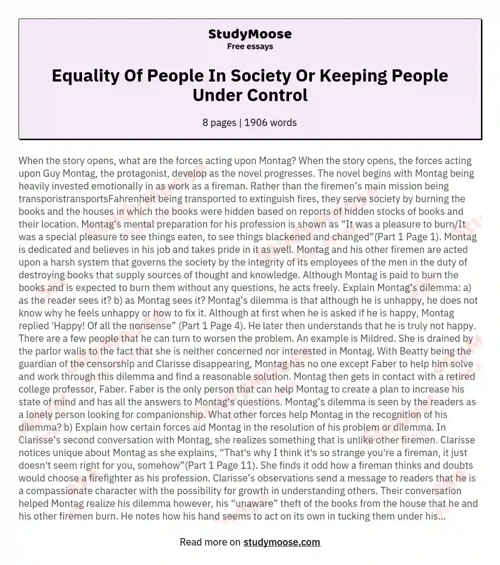 Equality Of People In Society Or Keeping People Under Control essay
