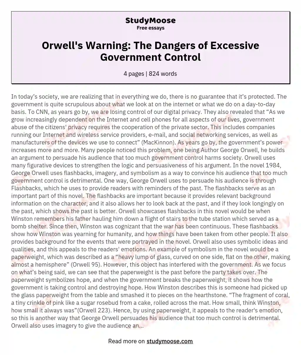 Orwell's Warning: The Dangers of Excessive Government Control essay