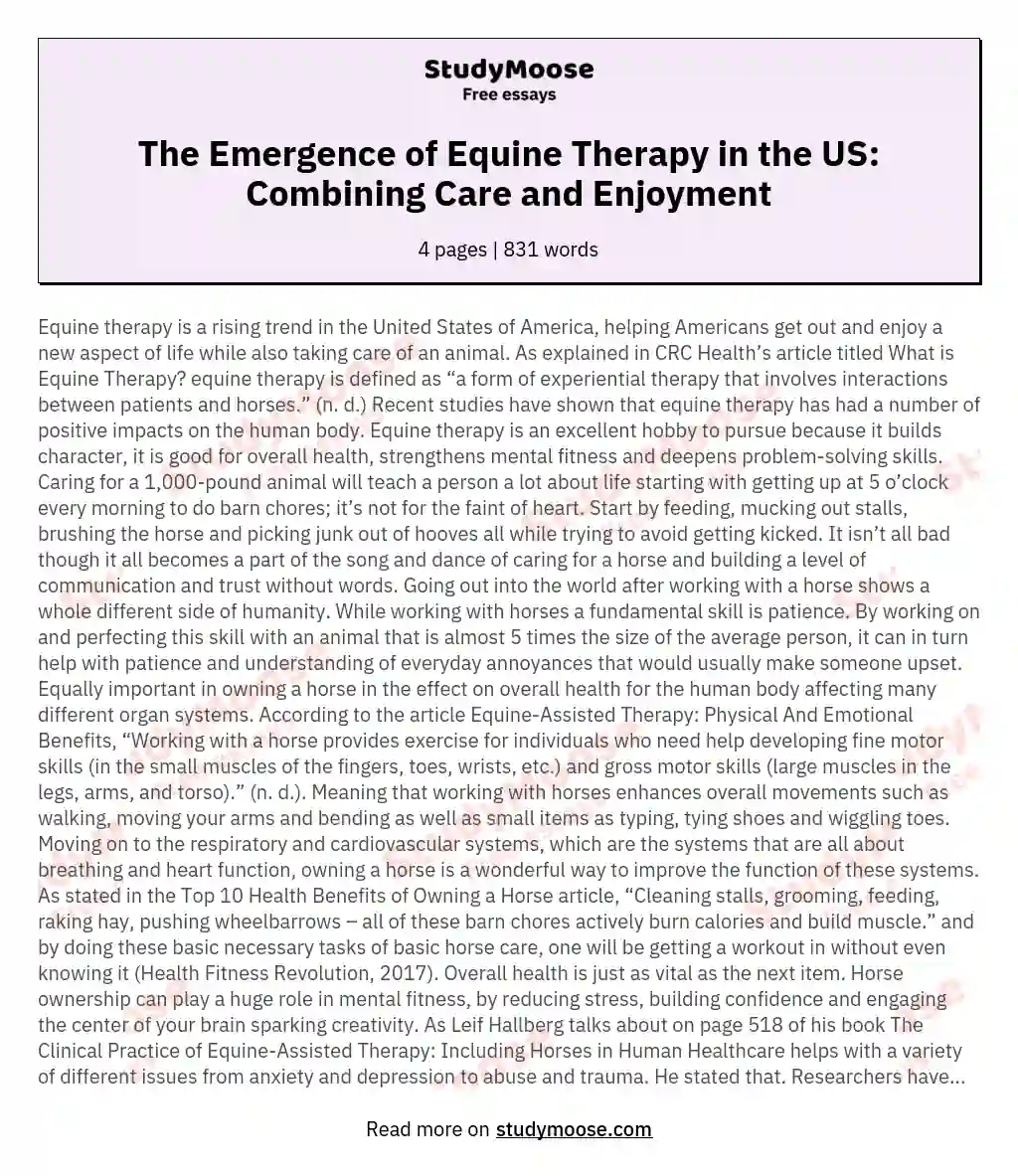 The Emergence of Equine Therapy in the US: Combining Care and Enjoyment essay